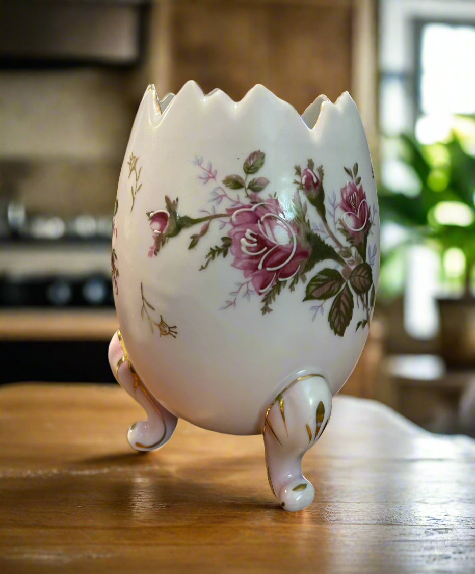 Vintage Napco Large Porcelain Pink Egg Footed Vase w/ 22kt Gold Trim