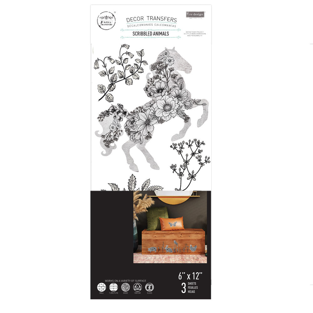 SMALL TRANSFERS – SCRIBBLED ANIMALS – 3 SHEETS, 6″X12″