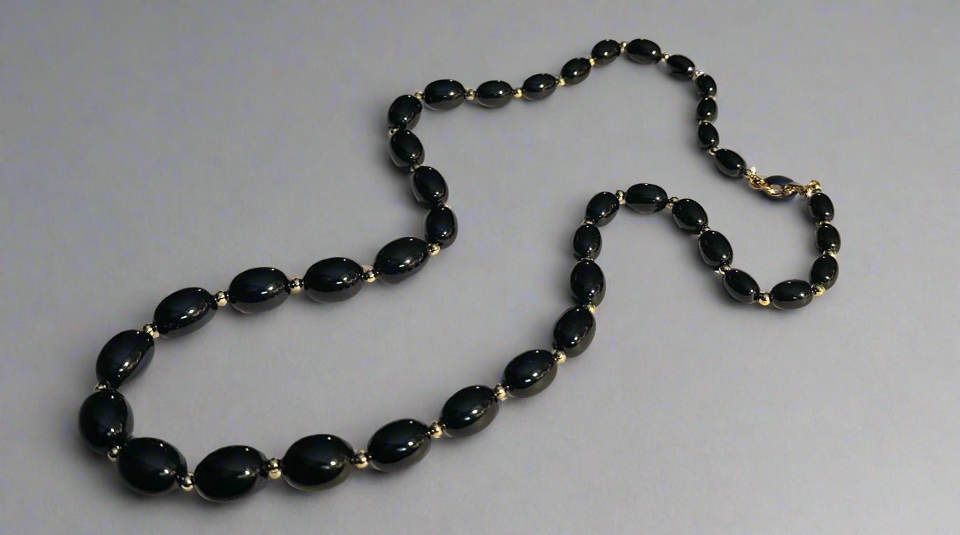 Vintage MONET Black Beaded and Gold Tone Necklace