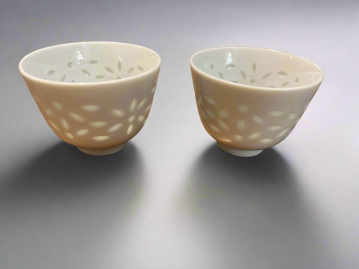 Vintage Rice Grain Porcelain Tea/Rice Wine/Sake Cup Set of 2 Circa 1980s