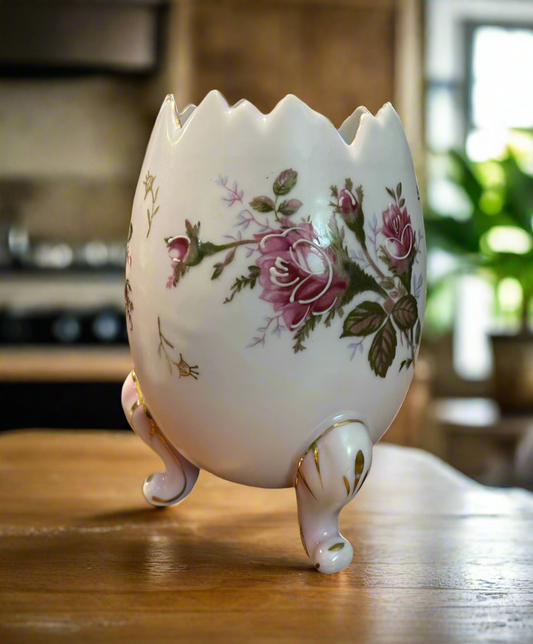 Vintage Napco Large Porcelain Pink Egg Footed Vase w/ 22kt Gold Trim