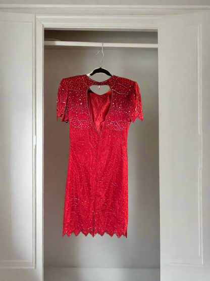 BEADED SEQUINED Party Dress Vtg 70s SILK RED Cocktail Formal Holiday Party sz m
