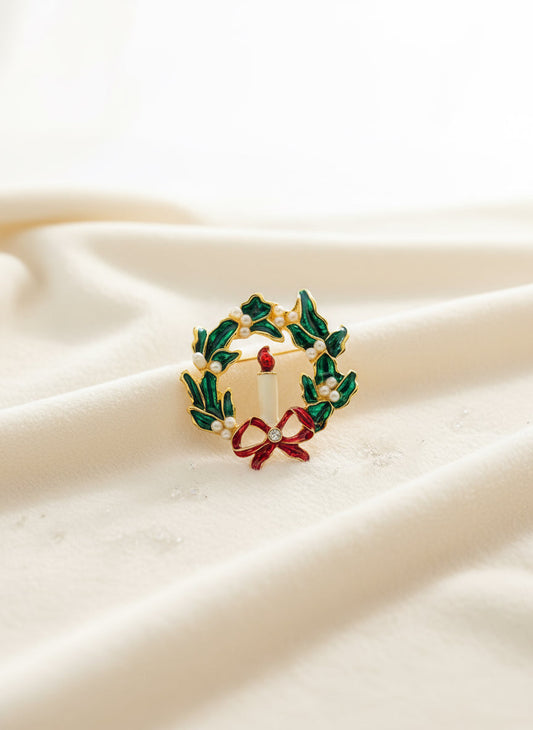 Vintage Gold Tone with Faux Pearl, Green and Red Enamel Candle Christmas Wreath Brooch