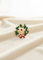 Vintage Gold Tone with Faux Pearl, Green and Red Enamel Candle Christmas Wreath Brooch
