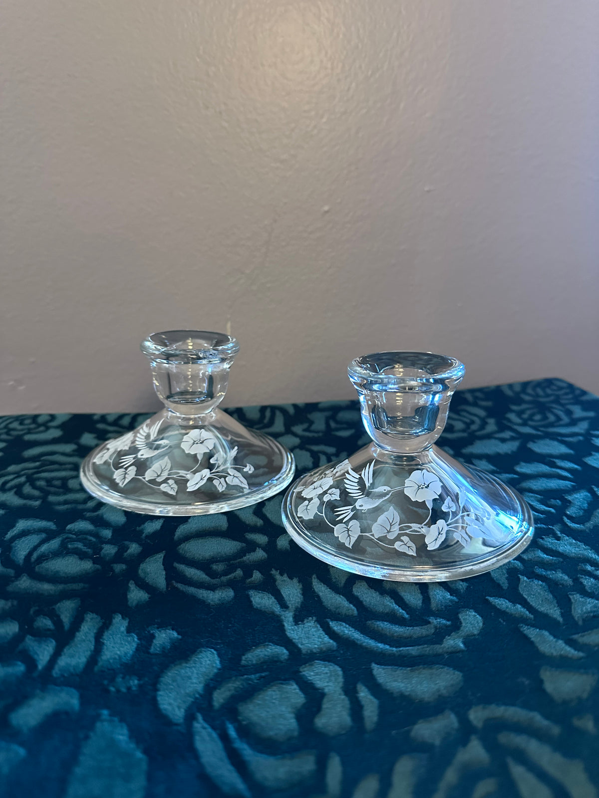 Vintage Avon Lead Crystal Candle Holders (2)- Etched Hummingbird Design