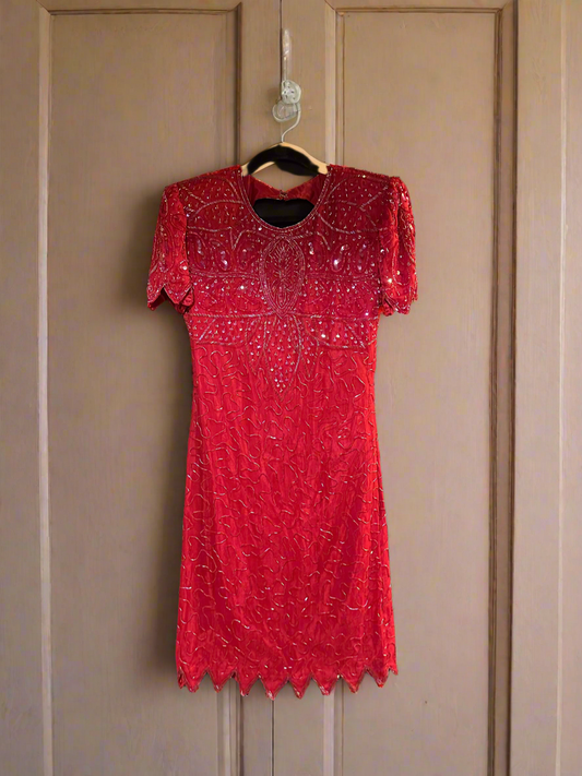 BEADED SEQUINED Party Dress Vtg 70s SILK RED Cocktail Formal Holiday Party sz m