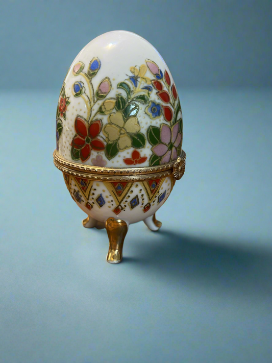 Vintage Porcelain Egg Shaped Hinged Trinket Box Multi Color Floral Gold Footed