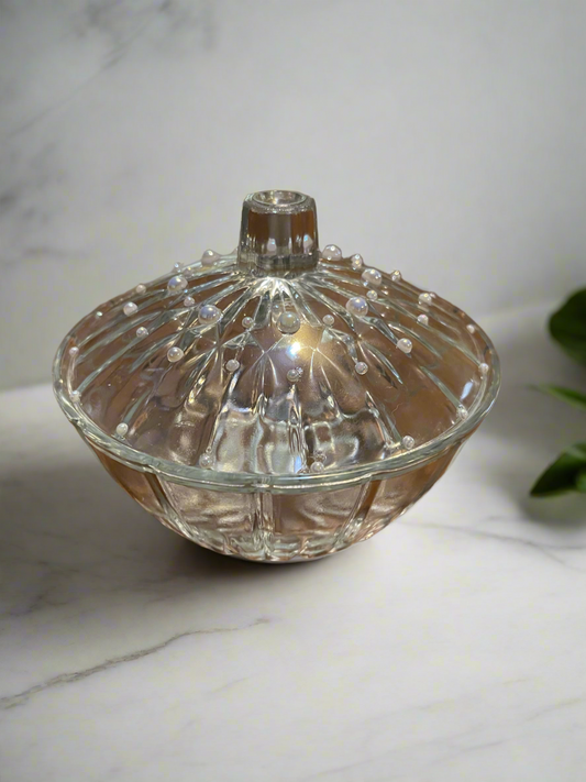Vintage Blue Depression Glass Bowl redesigned with pearls on top