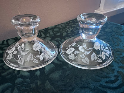 Vintage Avon Lead Crystal Candle Holders (2)- Etched Hummingbird Design