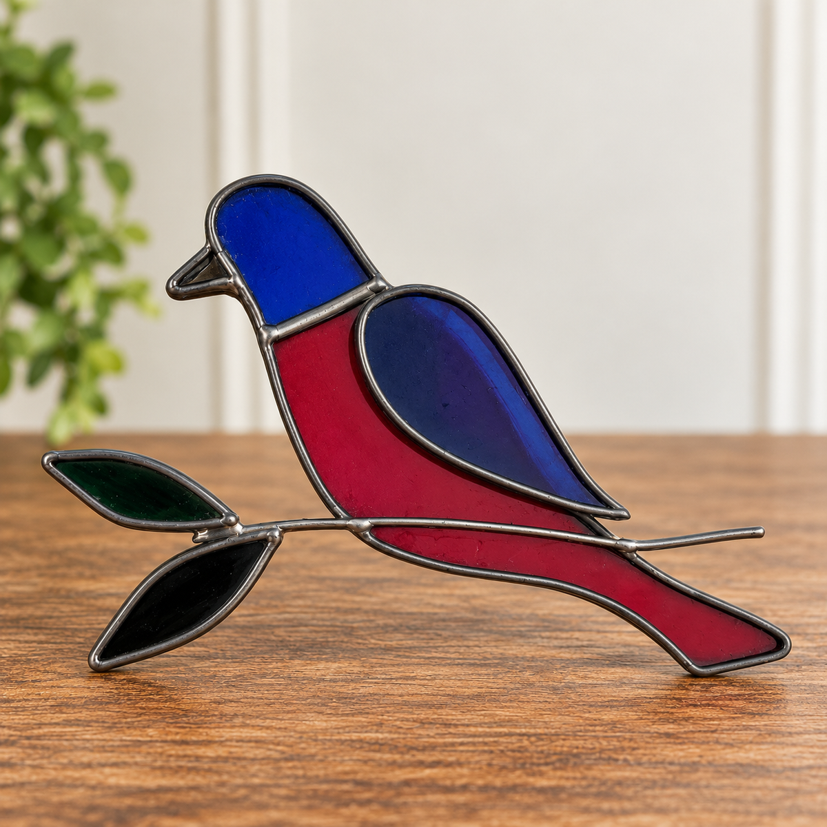 Handmade-Style Stained Glass Bird on Branch – Burgundy & Plum Glass Decor – 5.5"