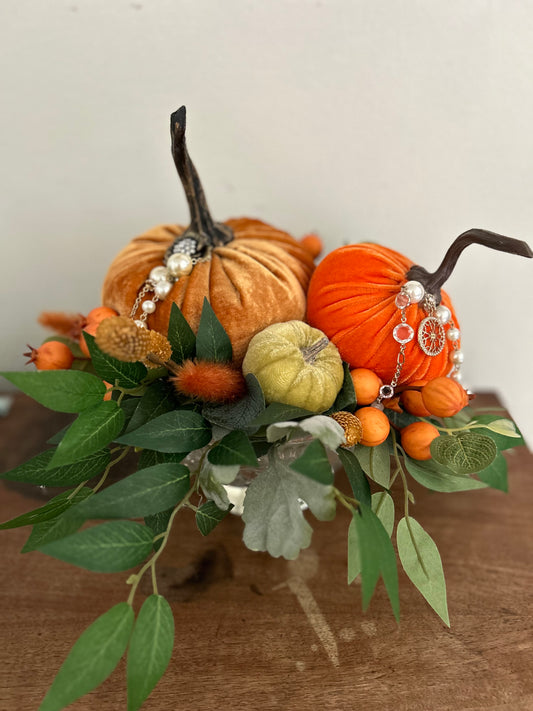 Velvet pumpkins and Jewelry Arrangement 13”