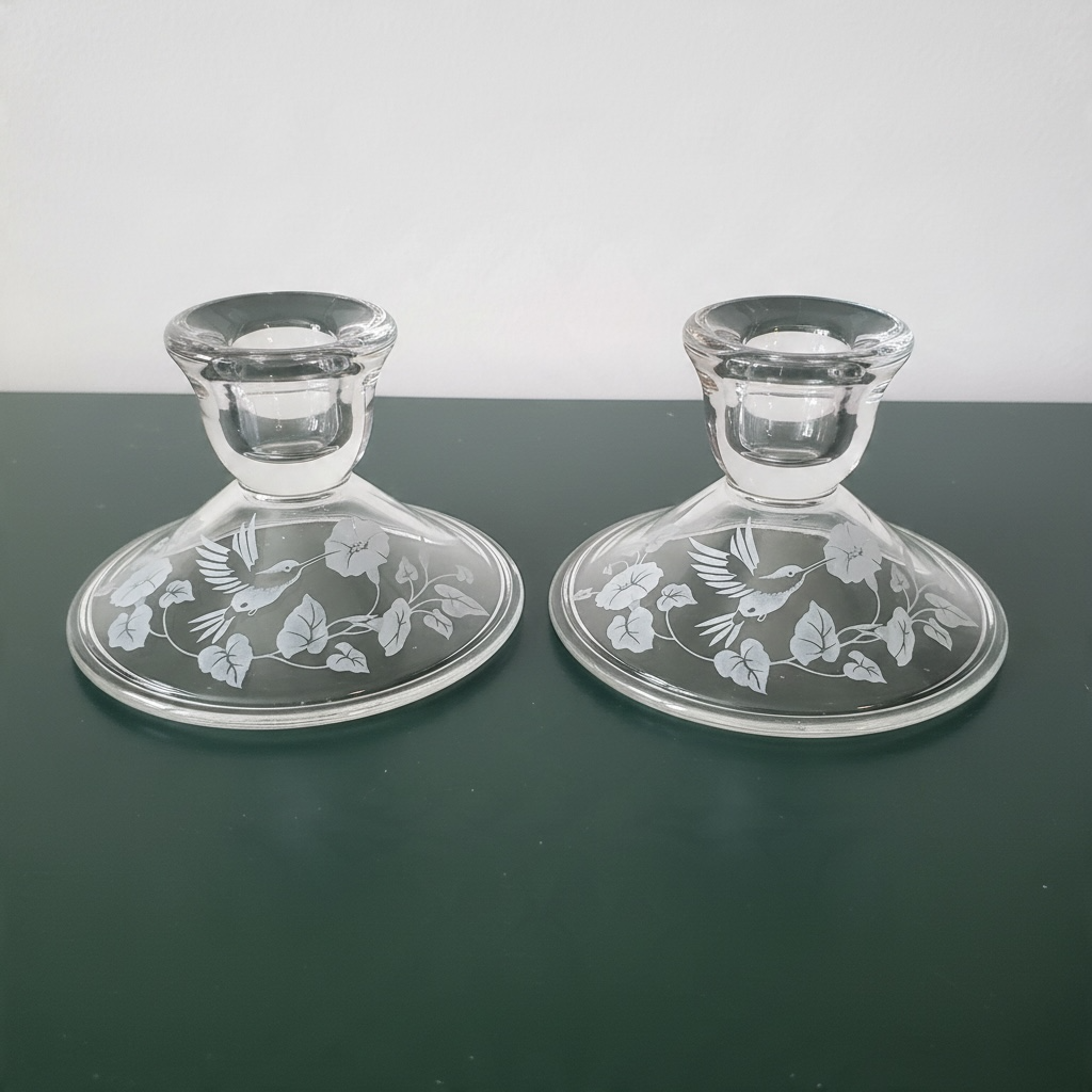 Vintage Avon Lead Crystal Candle Holders (2)- Etched Hummingbird Design