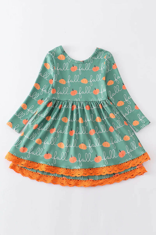 Green Pumpkin Print Ruffle Dress