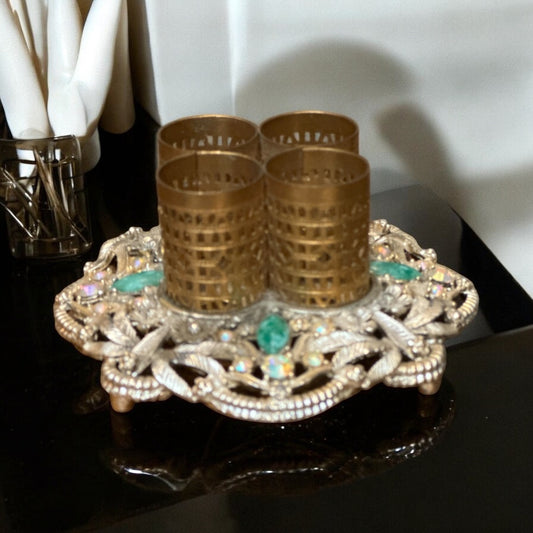 VTG REGENCY STYLE 4 TUBE FILIGREE LIPSTICK HOLDER FOOTED GOLD TONE RHINESTONE