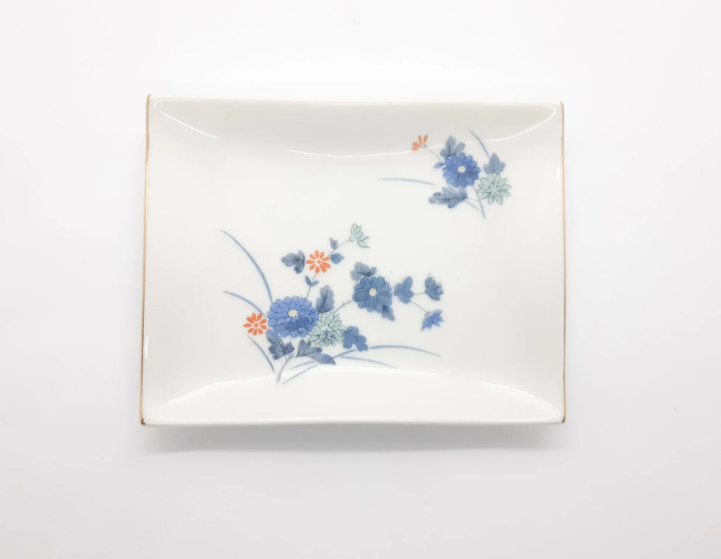 OMC Japan Blue and White Floral Trinket Plate with Gold Gilded Rim