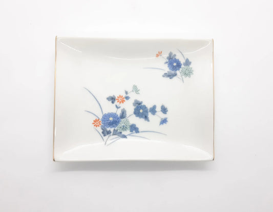 OMC Japan Blue and White Floral Trinket Plate with Gold Gilded Rim