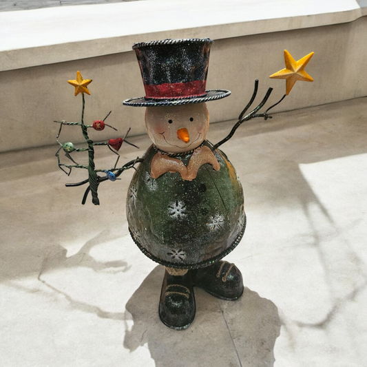 Metal Snowman red hat green body
