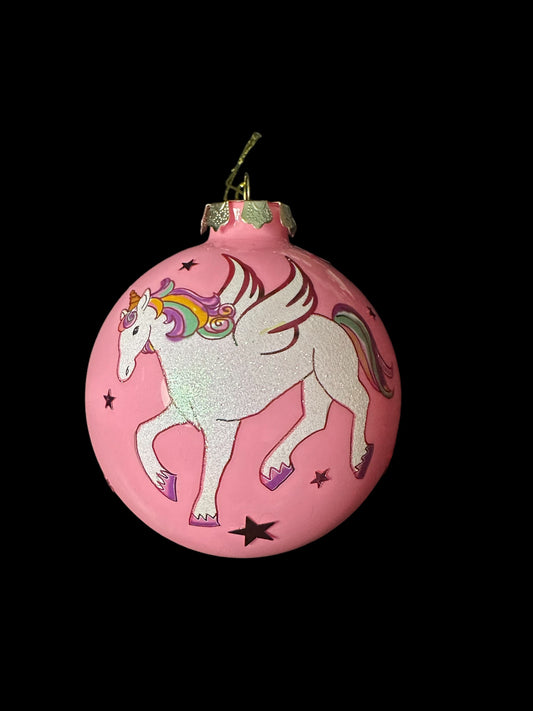 Pink White Unicorn 4" Ball Glass Christmas Tree Ornament