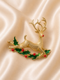 Vintage Gold Tone Reindeer & Holly Christmas Brooch – Festive Holiday Deer Pin
