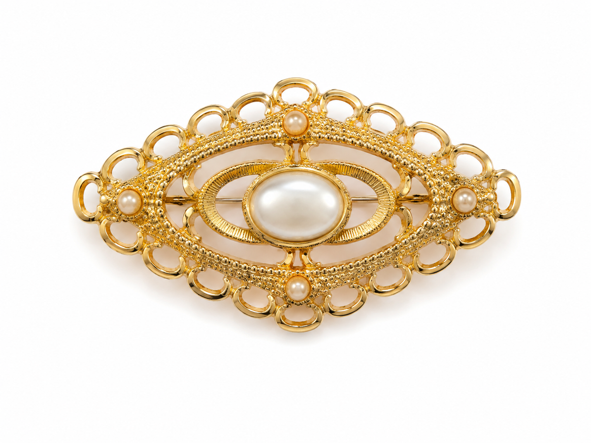 Vintage Gold Tone Faux Pearl Filigree Brooch – Victorian Style Openwork Pin