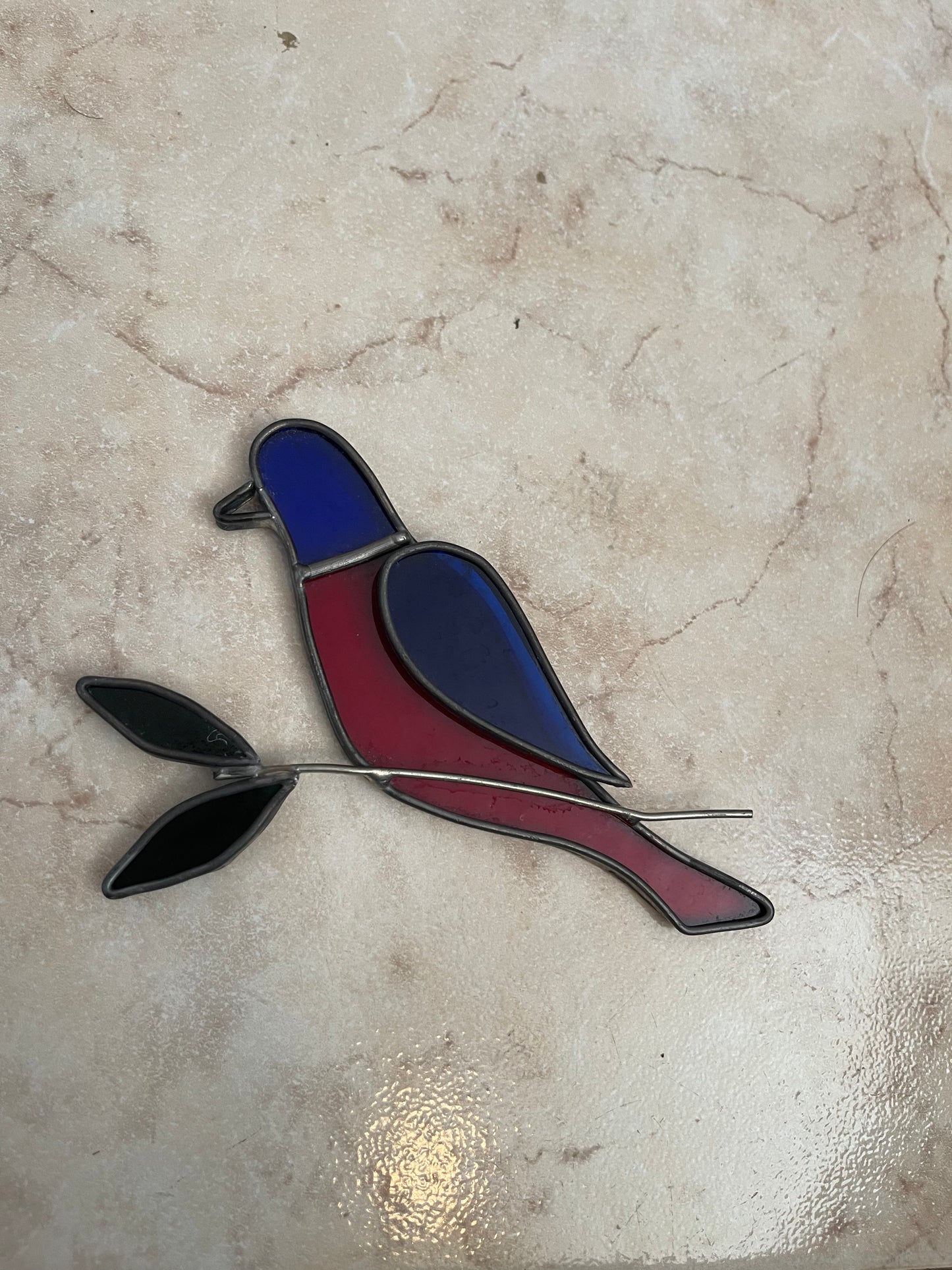 Handmade-Style Stained Glass Bird on Branch – Burgundy & Plum Glass Decor – 5.5"