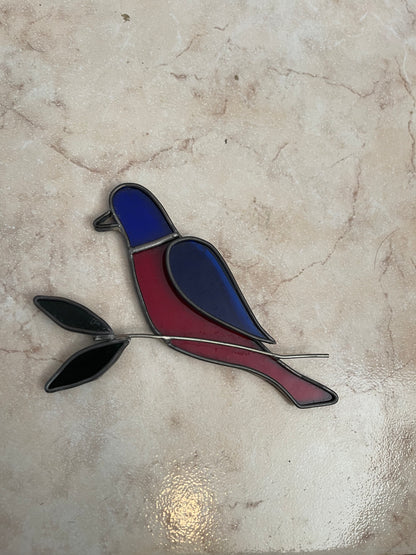 Handmade-Style Stained Glass Bird on Branch – Burgundy & Plum Glass Decor – 5.5"