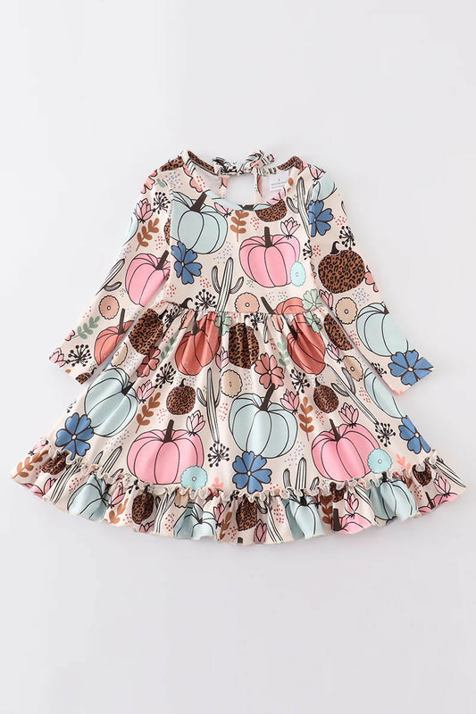 Girls Pumpkin Print Ruffle Dress