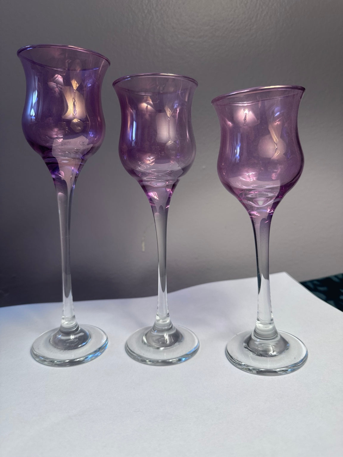 Three PartyLite purple glass candle holders